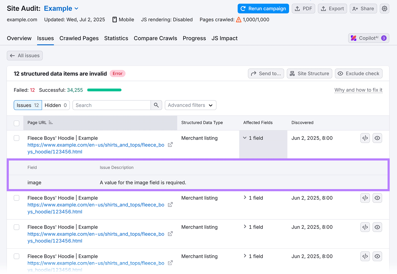 Semrush Site Audit showing invalid structured data errors for missing image fields