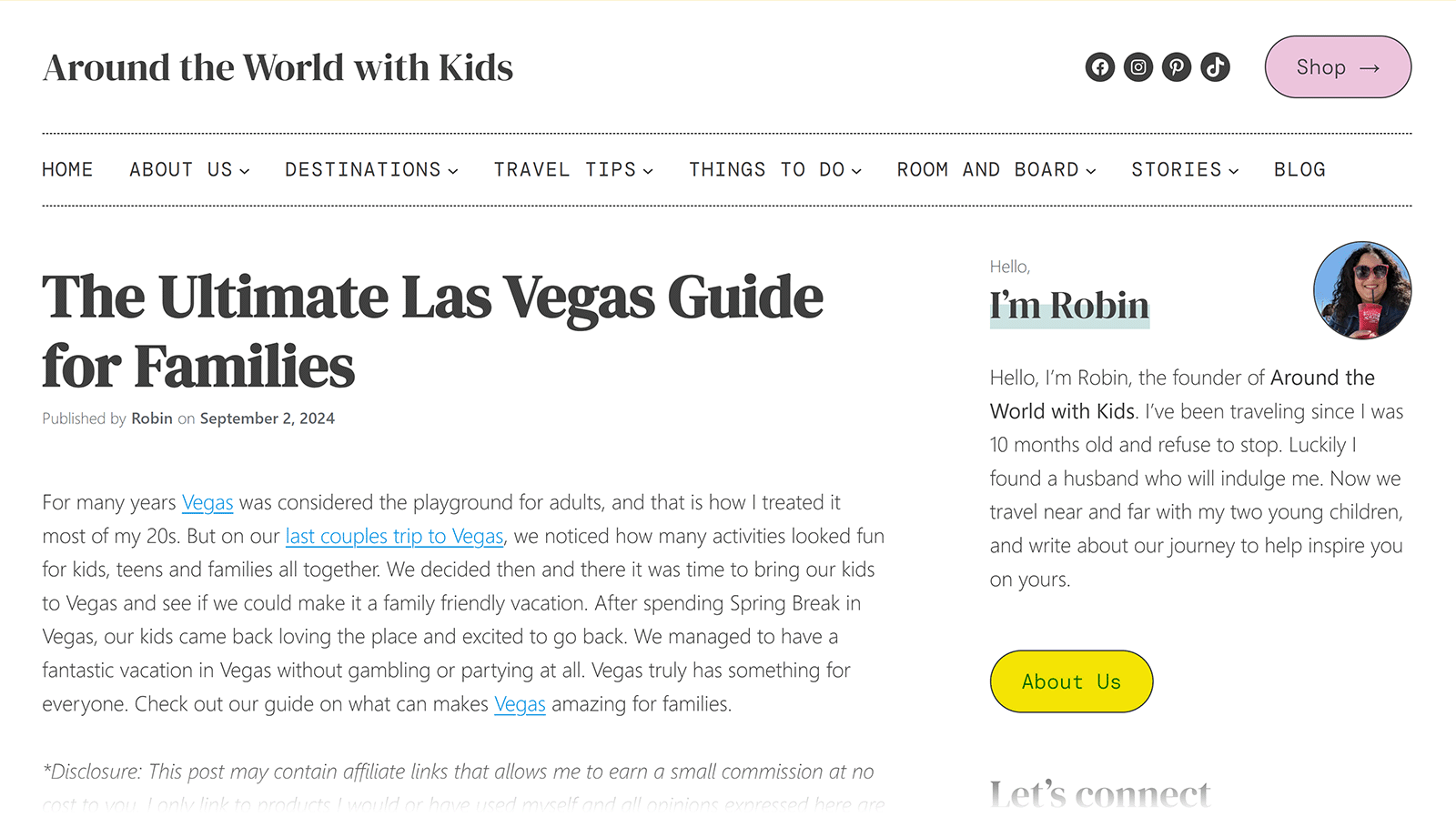 Blog post titled “The Ultimate Las Vegas Guide for Families” with intro text and author bio
