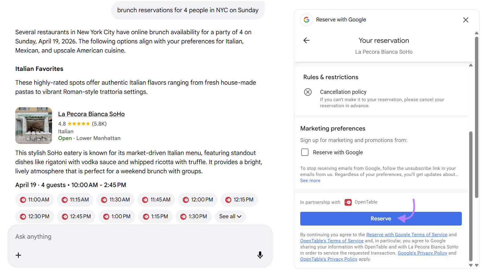 Users click the "Reserve" button in the "Reserve with Google" panel to complete the agentic booking.