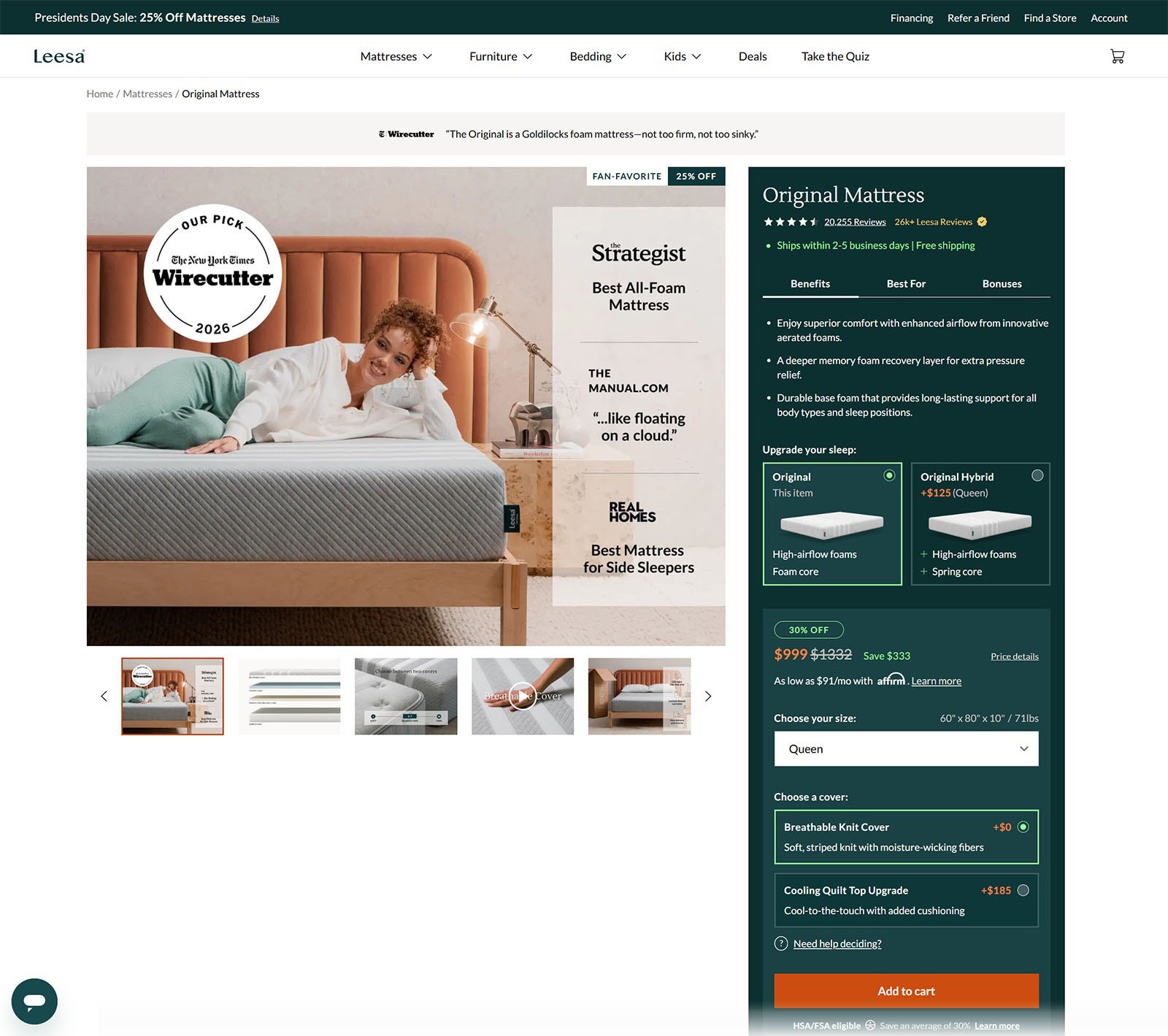 Leesa Original Mattress product page with reviews, size options, upgrades, pricing, and Add to Cart