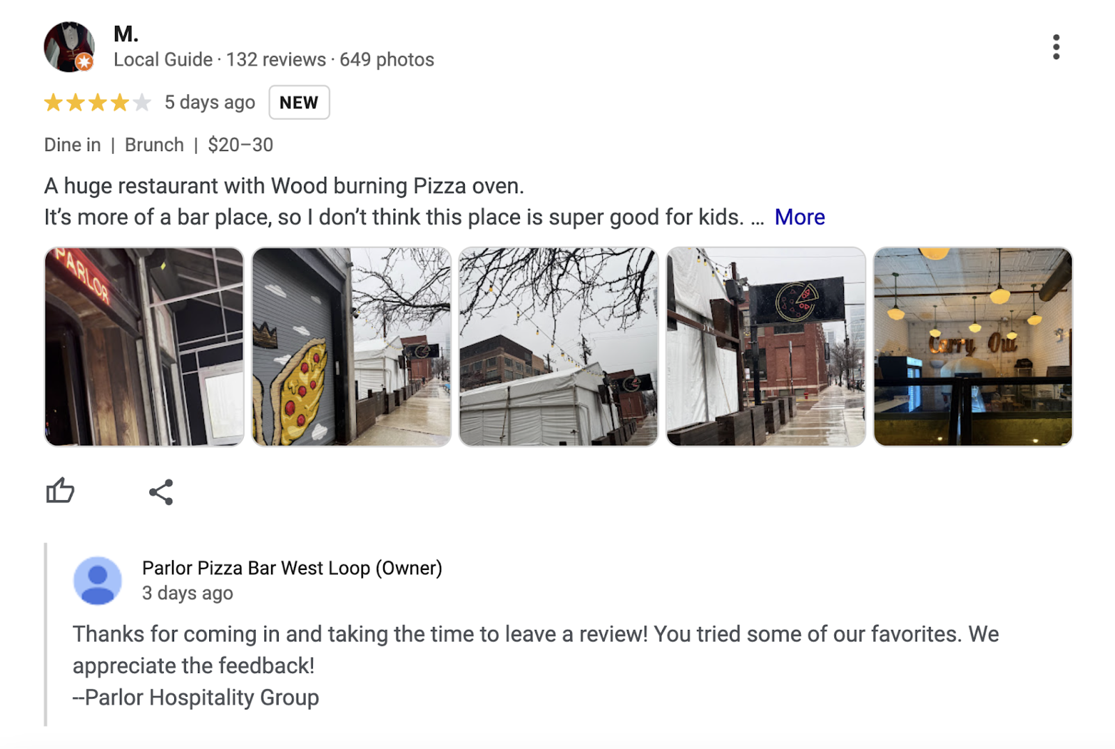 A recent visitor posts a review to Google and the owner responds by thanking the customer for their feedback.