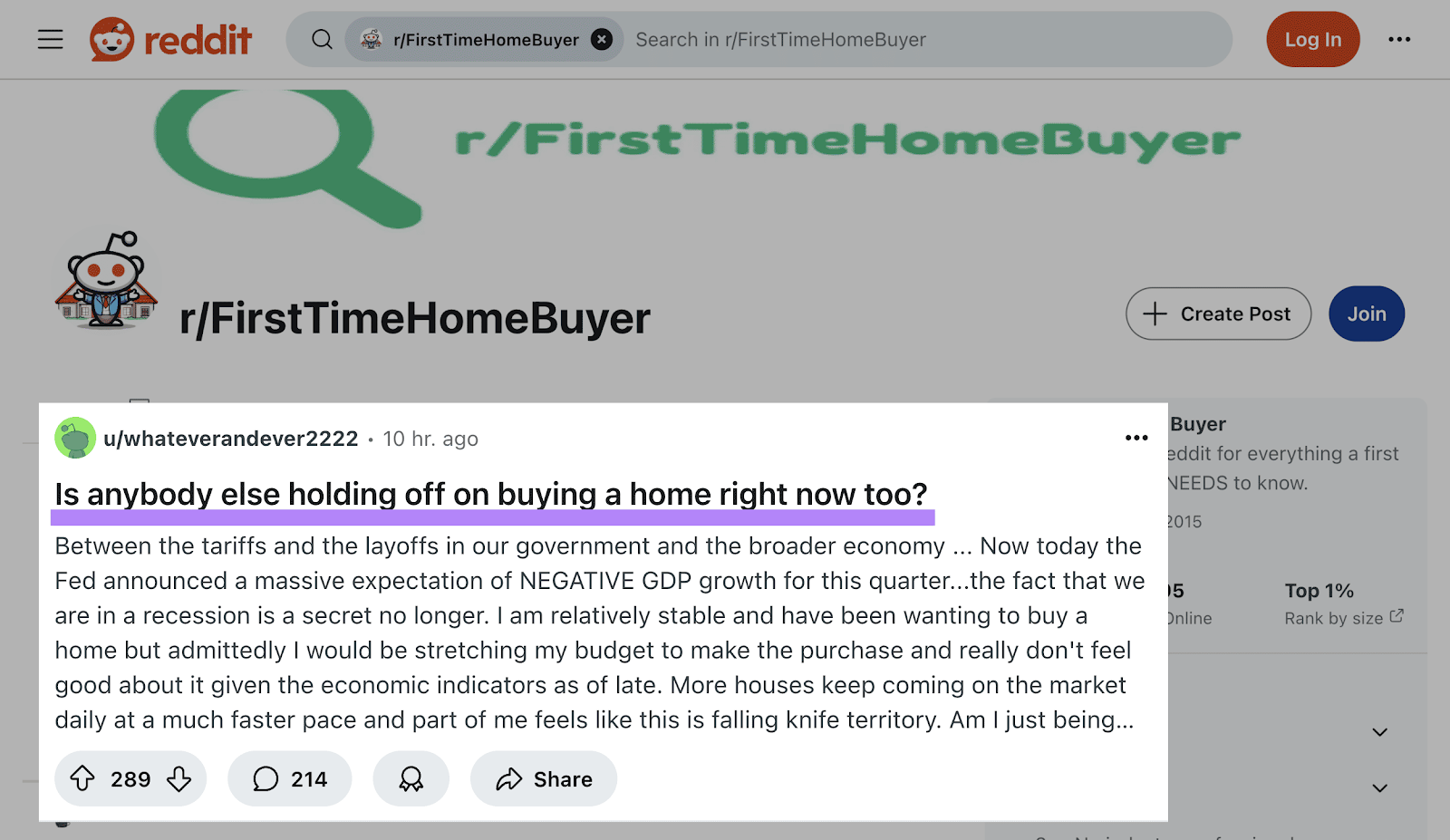 Post on the /FirstTimeHomeBuyer subreddit entitled "Is anybody else holding off on buying a home right now too?"