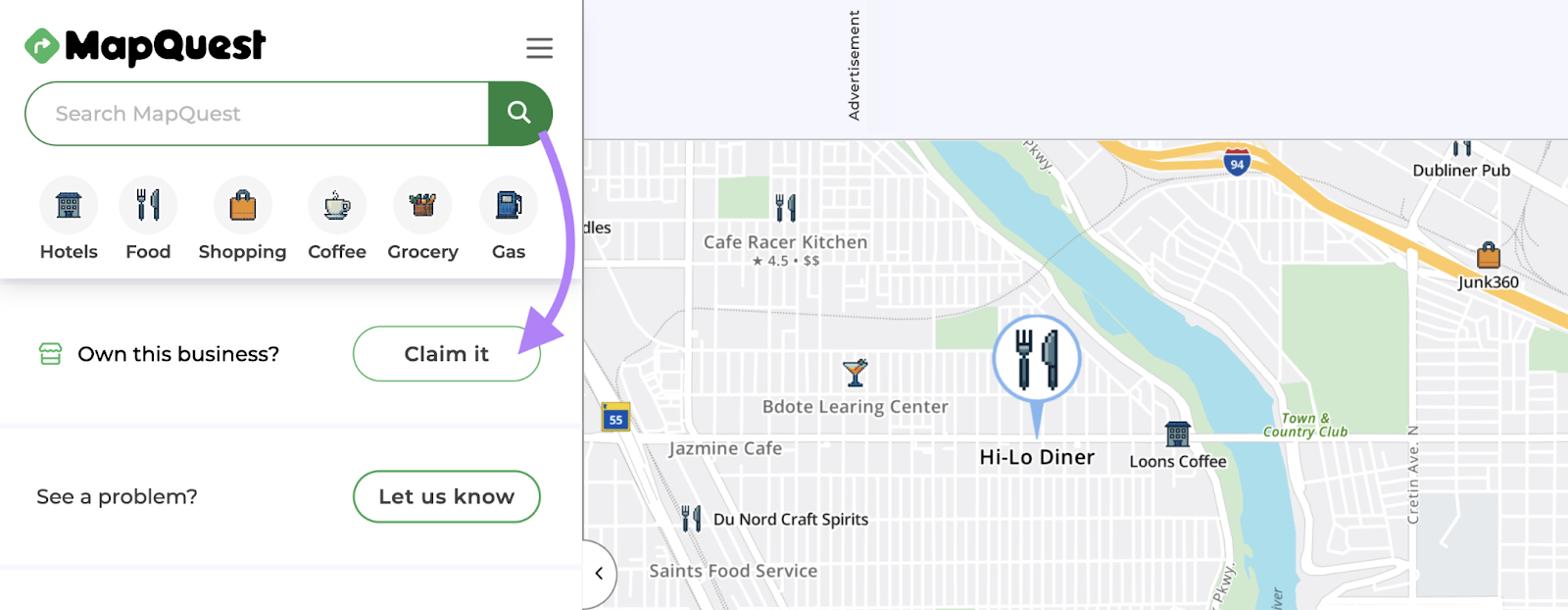 A business's MapQuest profile is shown with the Claim it button appearing toward the bottom.