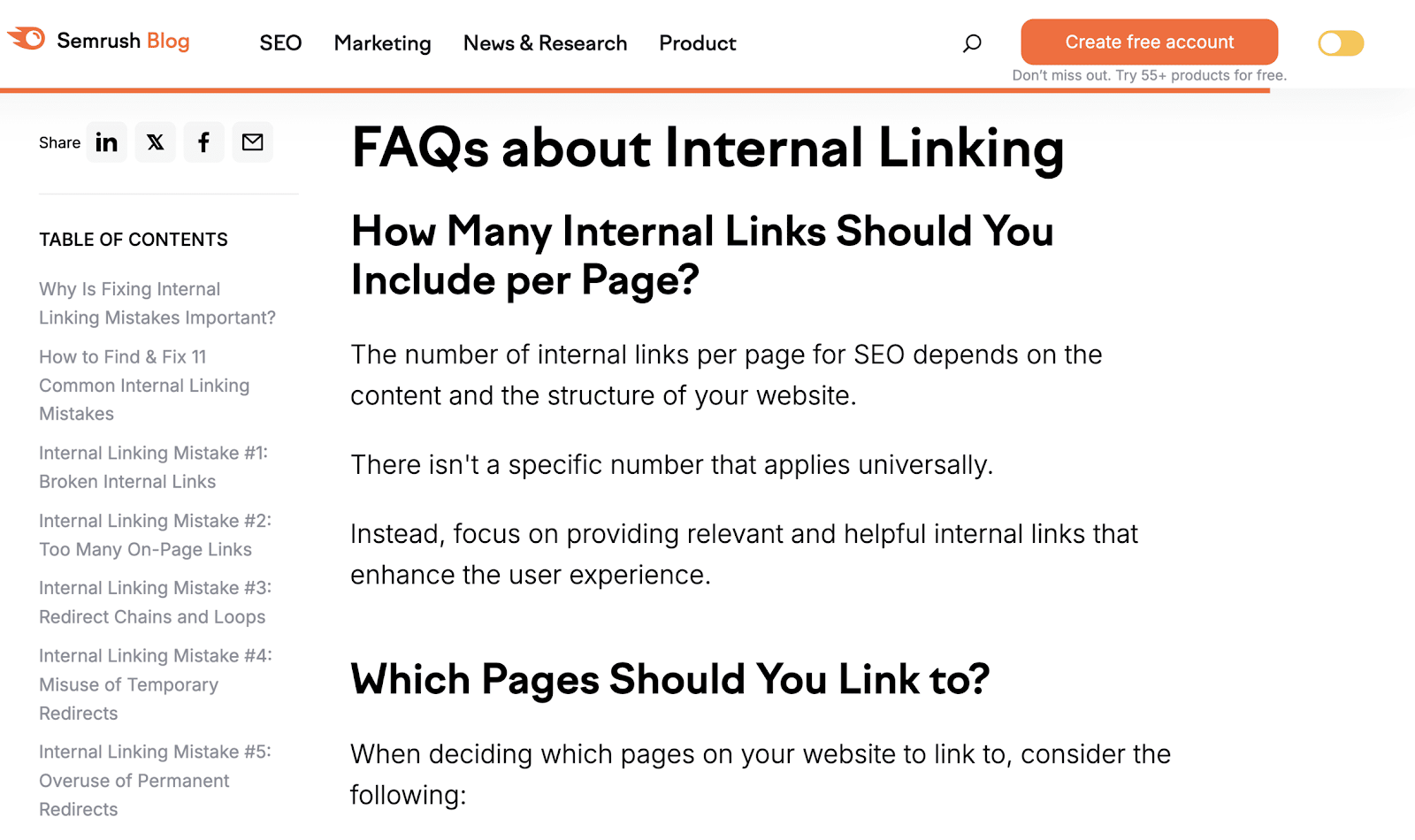 Section of a Semrush blog post entitled "FAQs About Internal Linking"