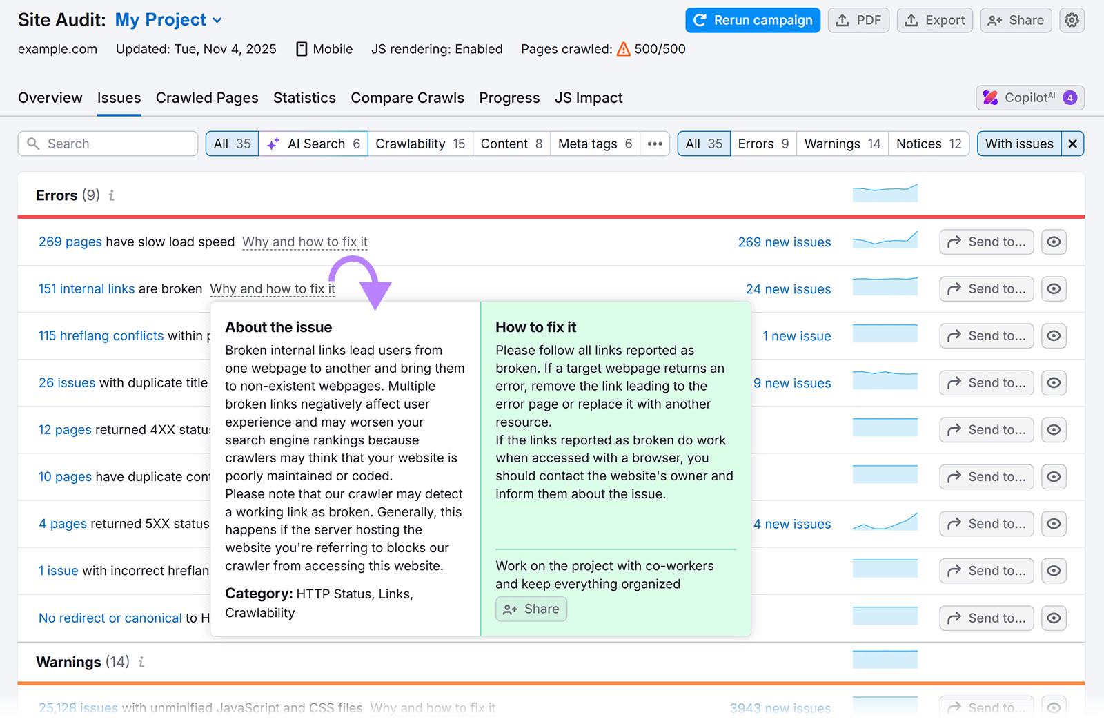 Site Audit report showing broken internal links with an info box explaining the issue and how to fix it.