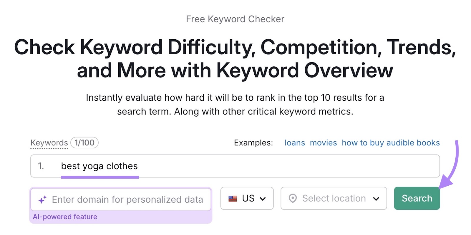 Keyword Overiew tool with "best yoga clothes" entered as the term and "Search" clicked.