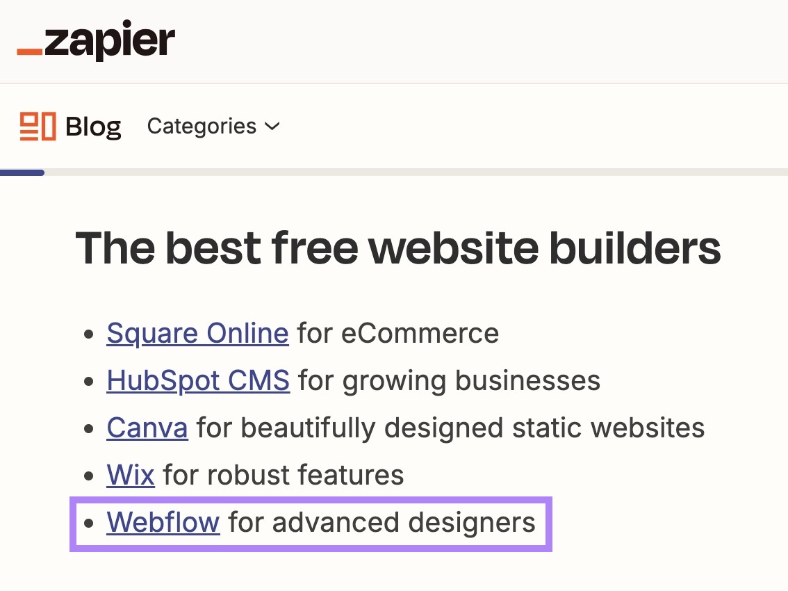 An article by Zapier about the best website builders with the Webflow mention highlighted.