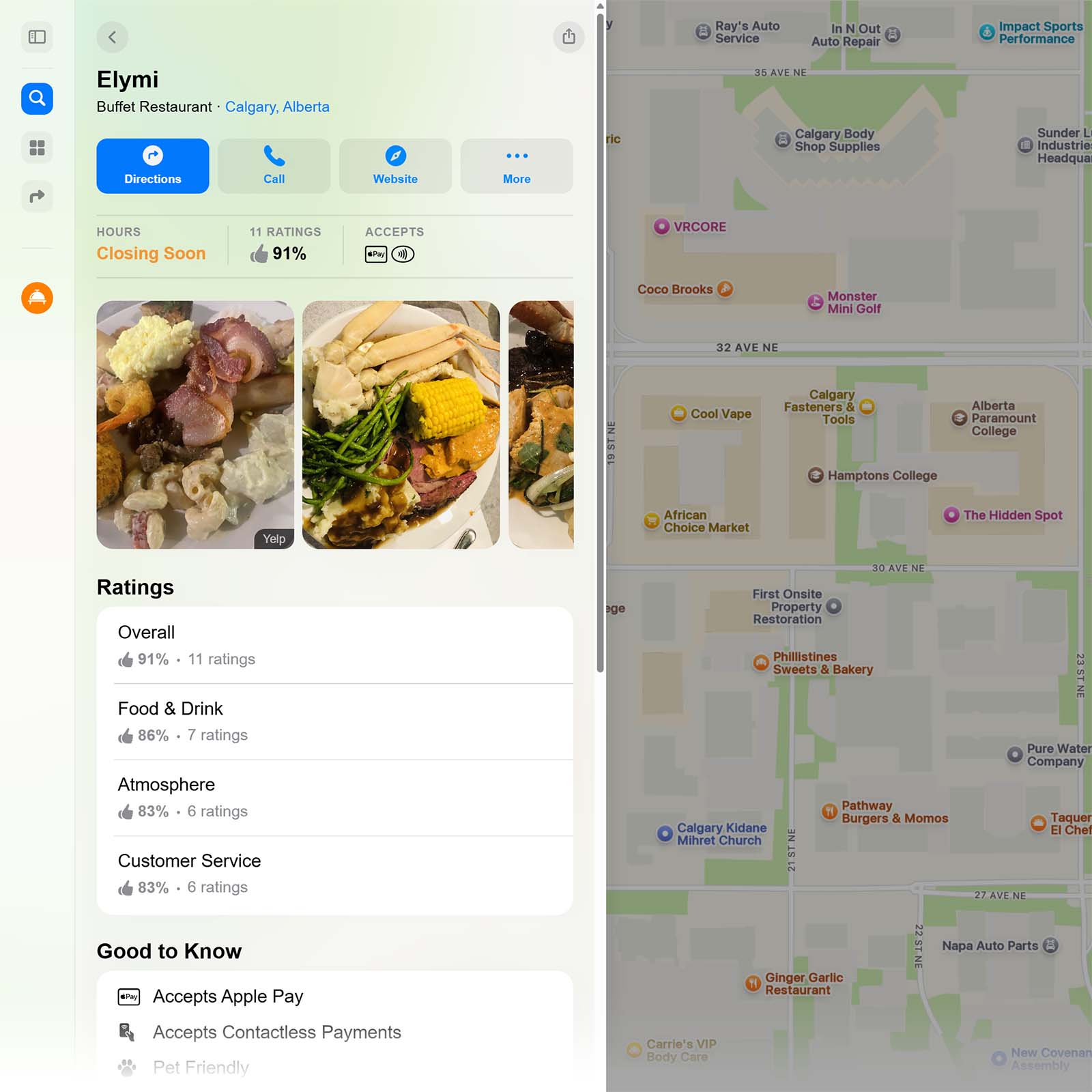 Elymi buffet listing with food photos, ratings, payment icons, and nearby map