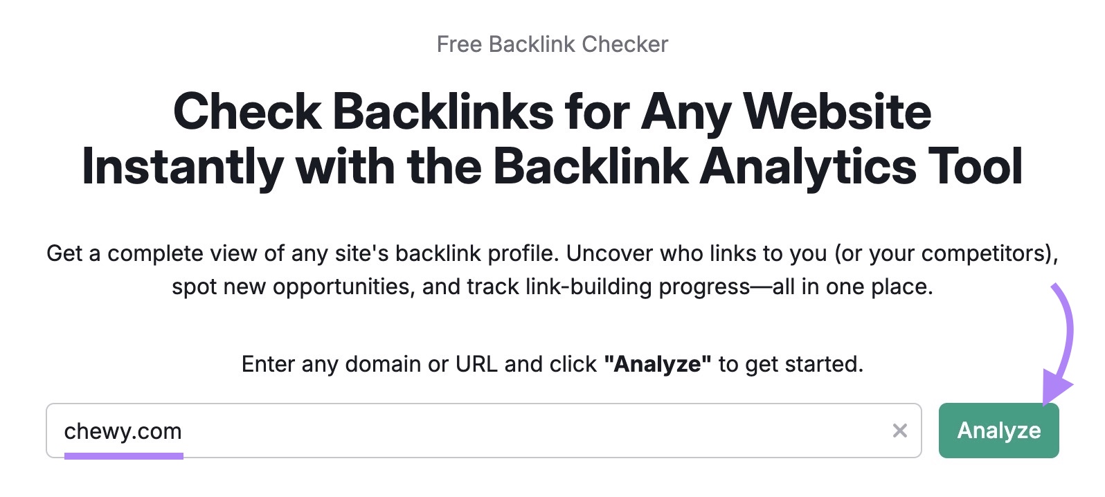 Backlinks tool with "chewy.com" entered as the domain and "Analyze" clicked.