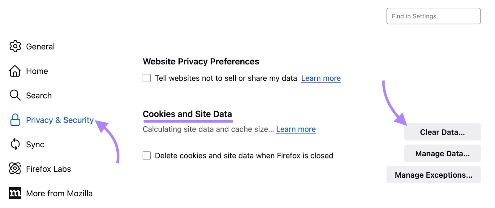 "Privacy and Security" settings on Firefox with "Clear Data..." under "Cookies and Site Data" clicked.