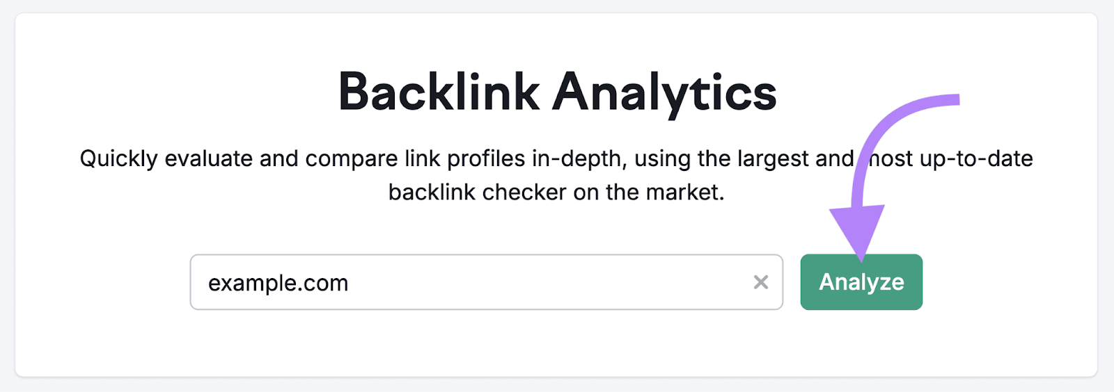 Backlinks tool with "example.com" inputted and "Analyze" highlighted
