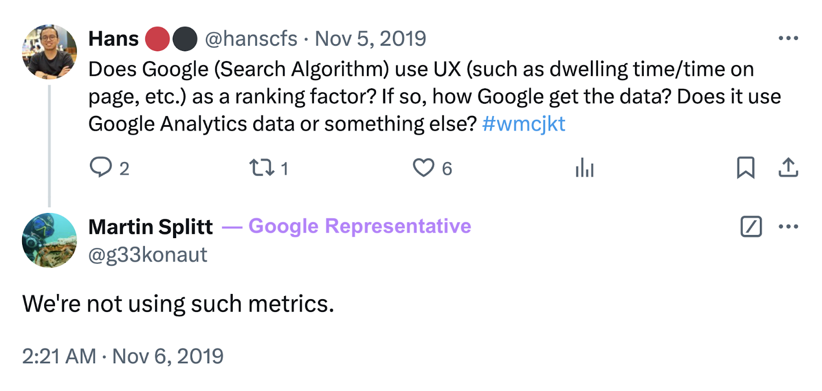 Google representative Martin Splitt says Google doesn't use user experience metrics like dwell time and time on page as ranking factors.