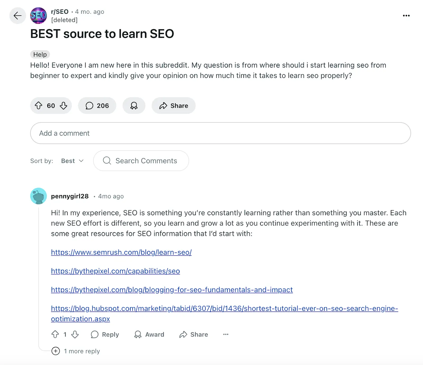 Reddit post on best source to learn seo with user reply