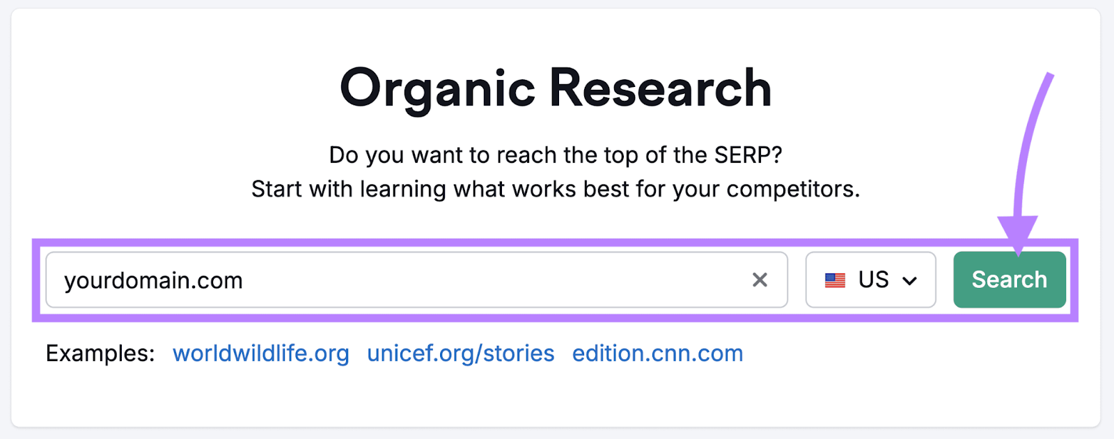 Organic Rankings tool's homepage with "yourdomain.com" entered into the URL field