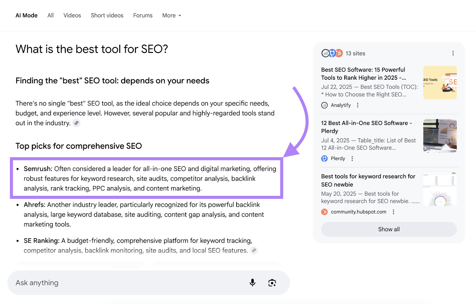A Google AI Mode search result showing Semrush as the best tool for SEO