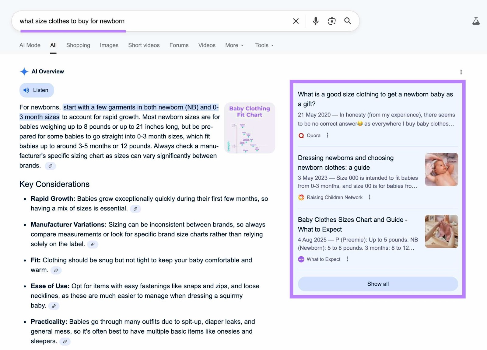 SERP for a term which triggers an AI Overview with the sources on the right-hand side highlighted.