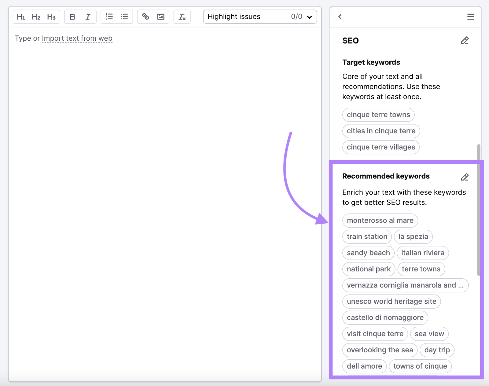 Recommended keywords show semantic keyword ideas like italian riviera, castello di riomaggiore, and more