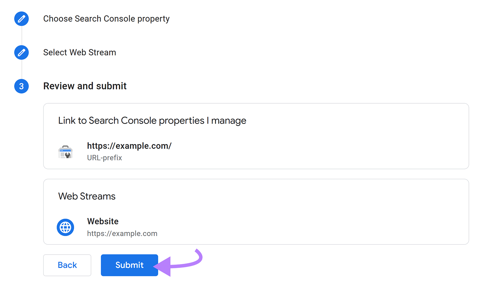 Final step of linking flow with website selected and arrow pointing to Submit