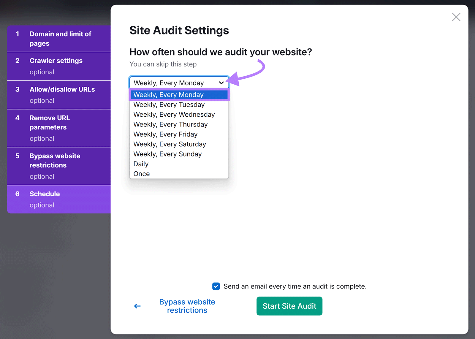 Site Audit Settings popup with Schedule tab open and dropdown shown crawl schedule options.
