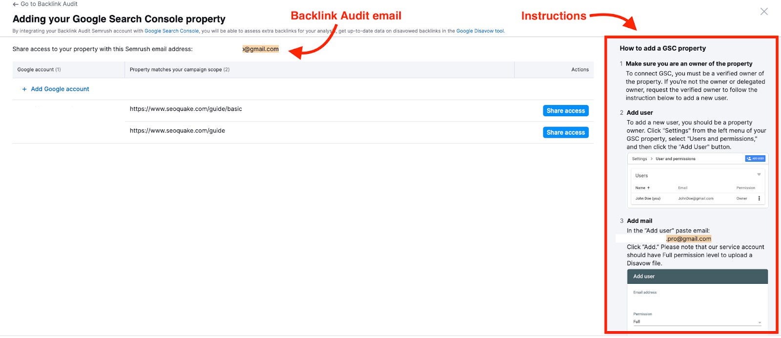The instructions and Backlink Audit email are highlighted in the window.