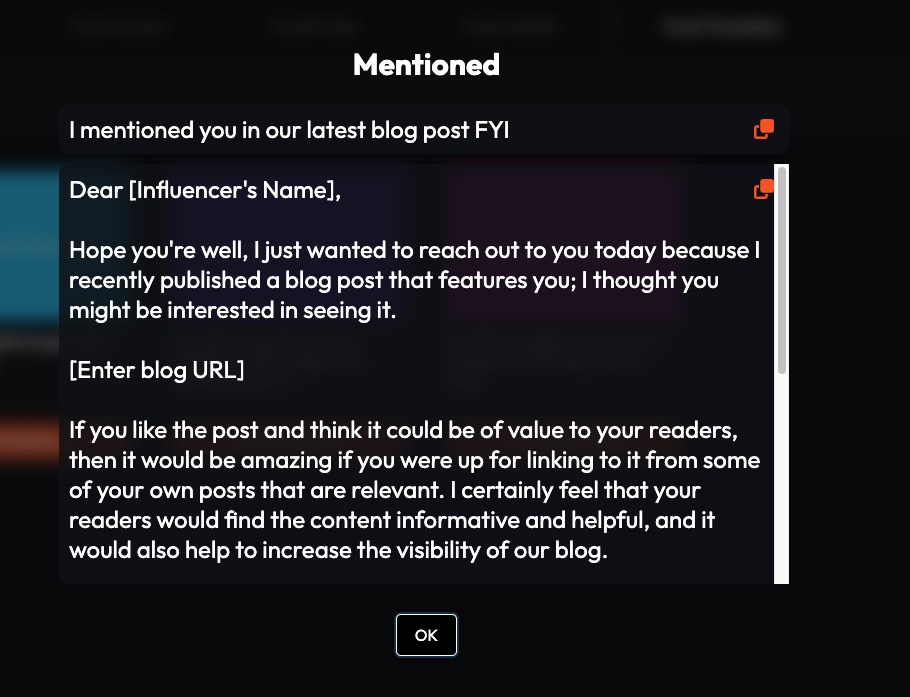 To build backlinks, try a templated email from the Mentioned - Outreach Wizard app that you can copy to an email and edit.