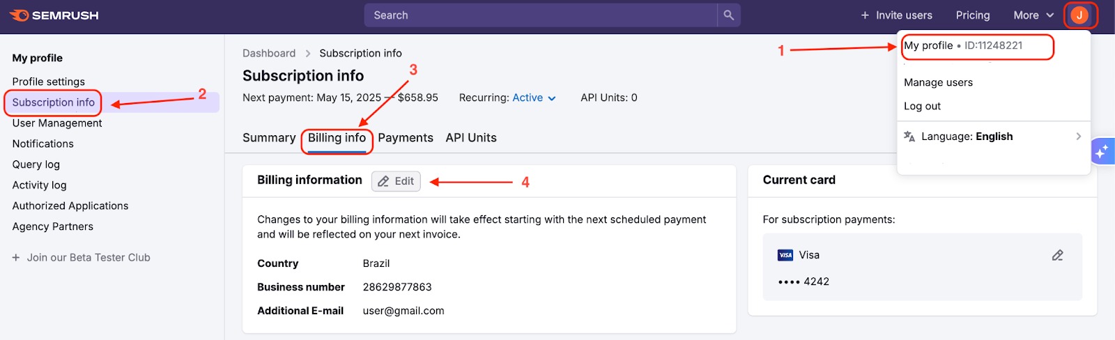 A demonstration of how to find the Billing info's Edit button.