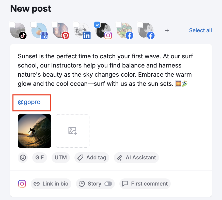 Post editor in Social Poster with an example of adding a mention of Instagram.