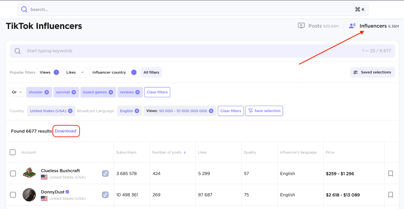 Search by keywords tab for TikTok Influencers. The download button is highlighted.